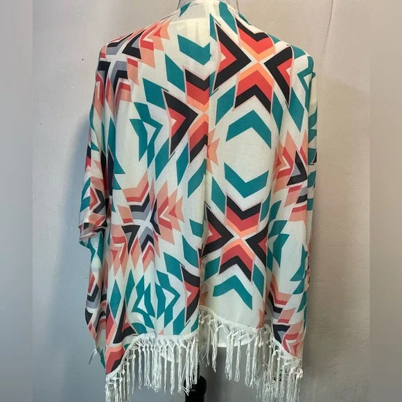 #0224 Xhilaration Geometric Kimono with Aztec Pattern, Sleeves, & Fringe-XS - Picture 2 of 7